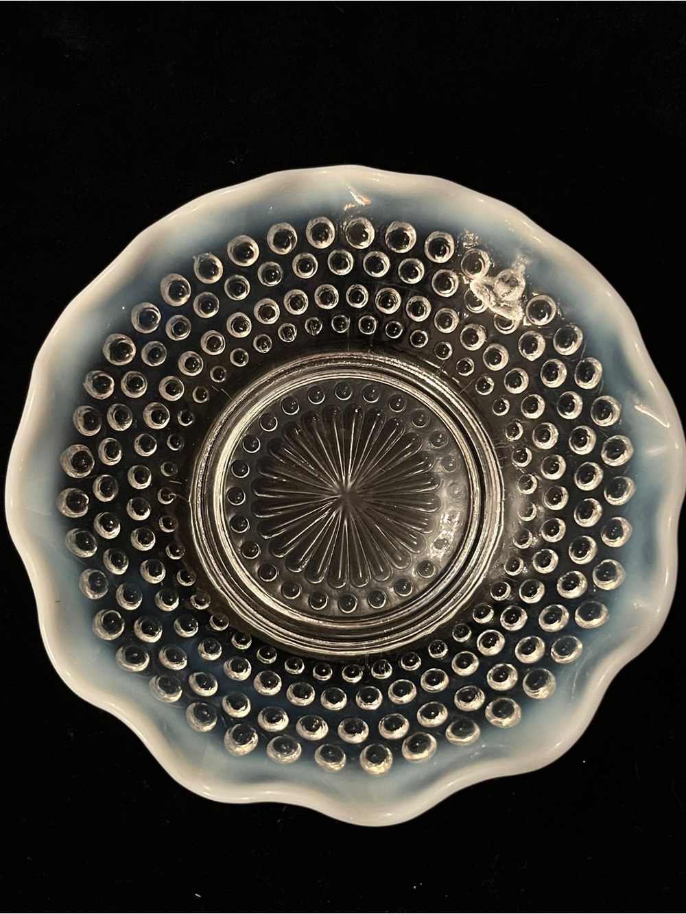 Anchor Hocking Moonstone Glass Hobnail Trinket Dish Bowl Opalescent Ruffle Edge